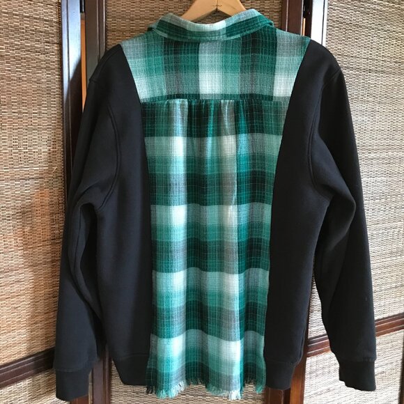 Upcycled Flannel Shirt, Size M: Green Plaid Sweatshirt, Button-Down Sweater - Picture 11 of 11